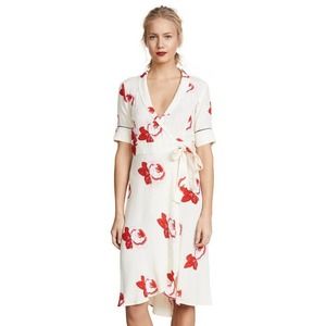 GANNI Sz 40 8 US Harley Crepe Wrap Dress Red Cream Ivory Floral NWT